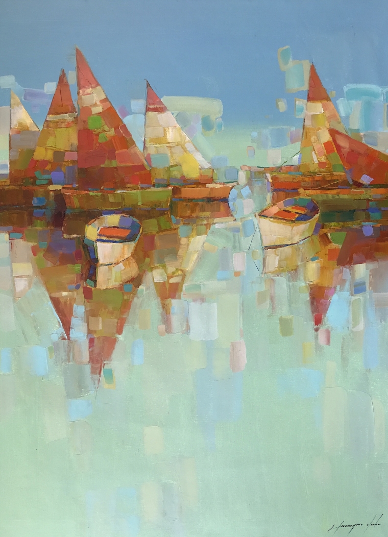 Sailboats - Harbor, Original oil Painting, Handmade artwork, Ready to hang   